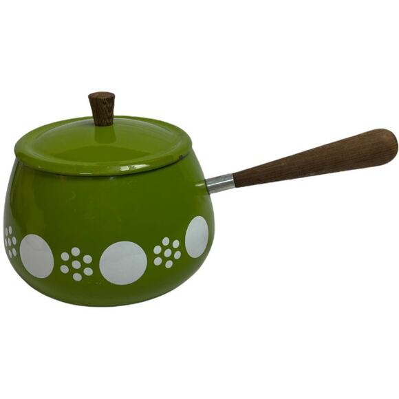 Mid Century Modern Green Circle Enamel Fondue Sauce Pot with Wood Handle & Lid - Picture 1 of 12